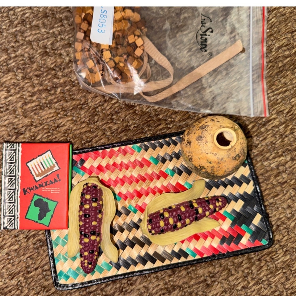 Pleasant Company Kwanzaa Celebration Set Mat Corn Gourd Book Wooden Beads